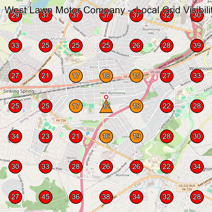 West Lawn Motor Company GeoGrid visibility map for Roofing Contractor in Wernersville